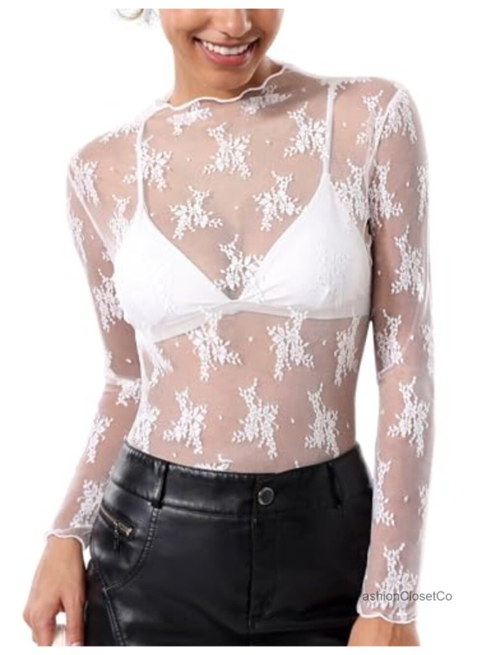 Mesh Long Sleeve Top Women Sheer See Through Shirt Mock Neck Floral Embroidery